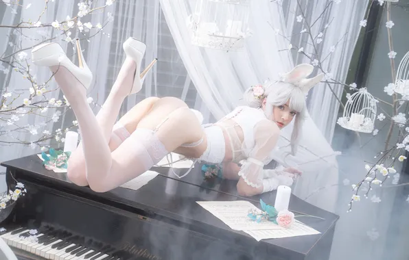 Ass, plan, cosplay, white lingerie, high heels, bunny ears, small boobs, bent over