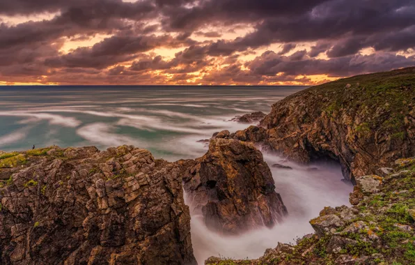 Sea, clouds, rocks, coast, France, Brittany