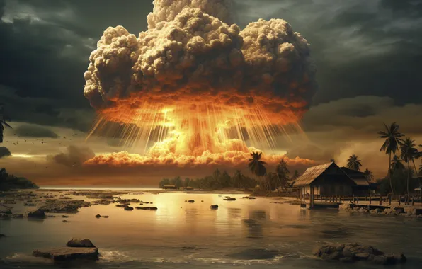 Home, Sea, Mushroom, The explosion, Palm trees, Digital art, A nuclear explosion, AI art