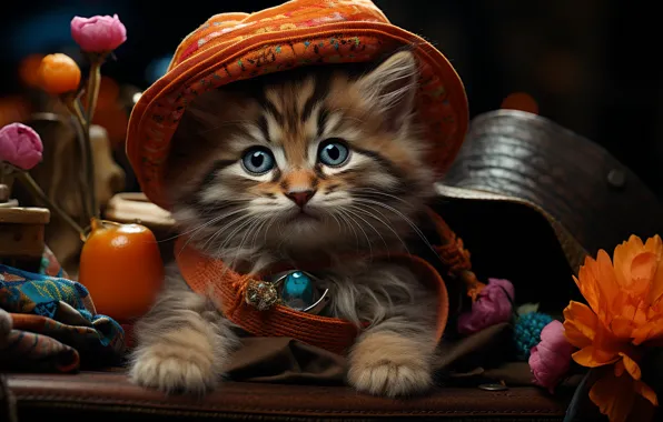 Cat, look, flowers, pose, the dark background, kitty, table, portrait