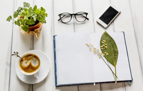 Picture flower, flowers, coffee, glasses, Notepad, wood, notebook, flowers