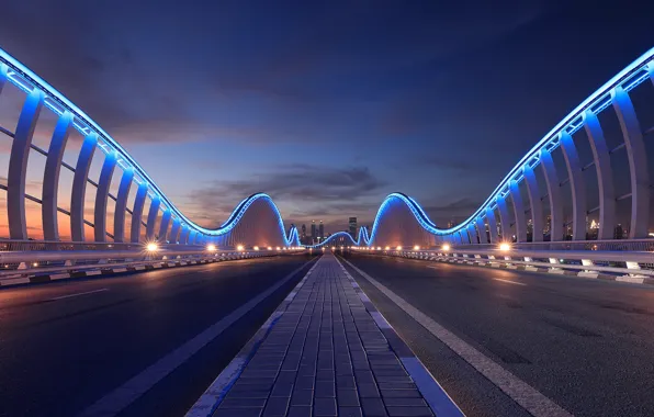 Road, bridge, neon, Dubai, night city, Dubai, UAE, UAE
