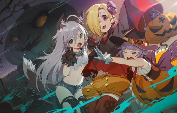 Night, girls, pumpkin, Halloween, costumes