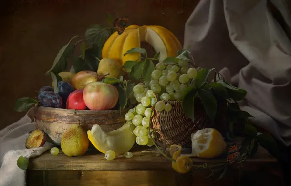 Lemon, apples, grapes, fruit, still life, basket, plum, pear