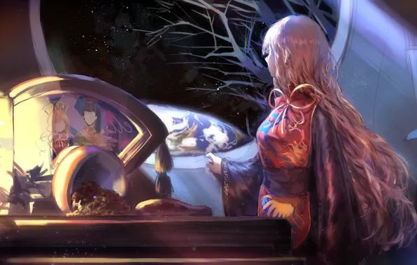 Picture night, table, window, Earth, lantern, long hair, touhou, starry sky