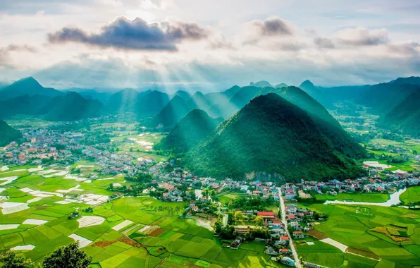 Picture field, mountains, the city, valley, Vietnam, Vietnam, Aerial view of Bắc Sơn valley, Lang Son