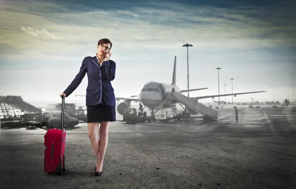 Picture the sky, woman, skirt, phone, airport, jacket, the plane, call