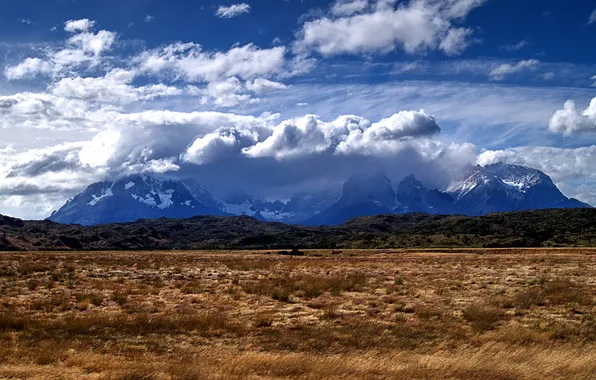 Field, clouds, mountains, space, Chile, Patagonia