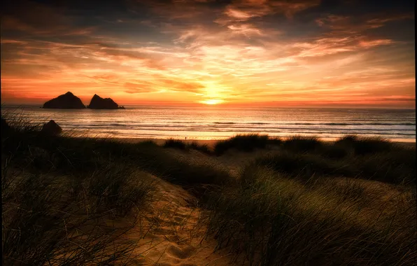 Sand, beach, clouds, sunset, England, dunes, Cornwall