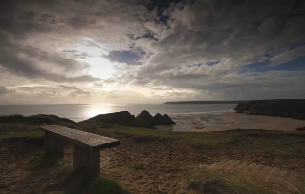 Sea, beach, clouds, bench, clouds