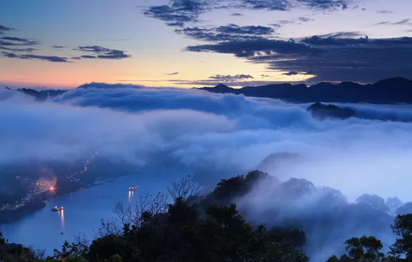 The sky, sunset, clouds, fog, river, ship, the evening