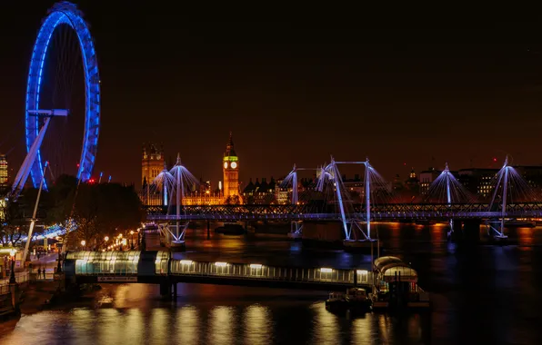 Night, bridge, lights, Park, river, London, lights, UK