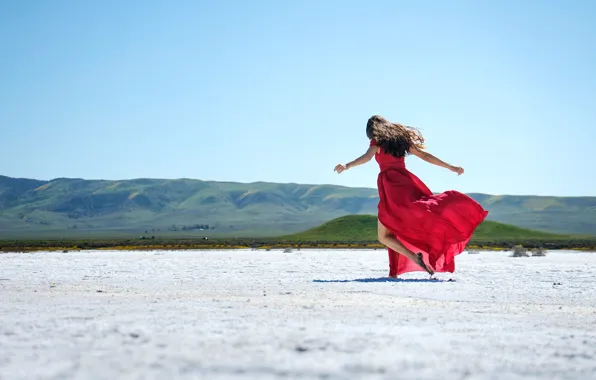 Sand, the sky, girl, nature, pose, hills, back, brunette