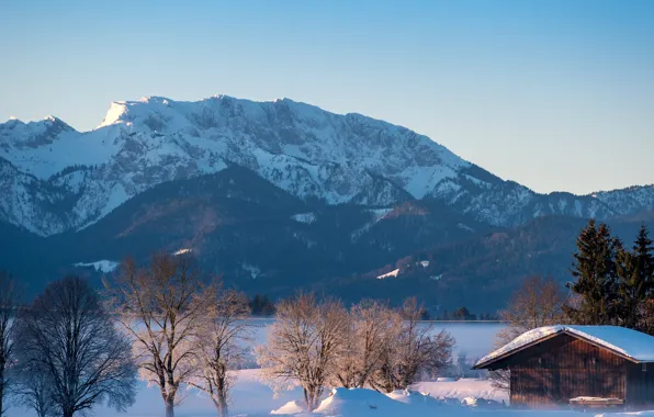Winter, forest, the sky, the sun, snow, trees, mountains, fog