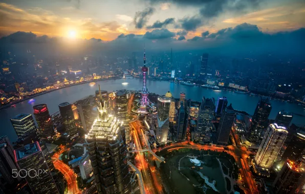 The sun, the city, panorama, China, Shanghai