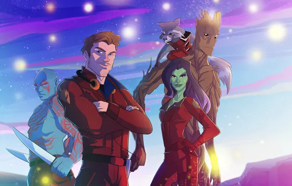 Picture art, Rocket, Peter Quill, Star-Lord, Gamora, Groot, Drax, guardians of the galaxy