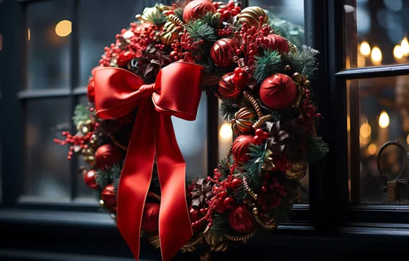 Balls, night, branches, red, window, Christmas, red, New year
