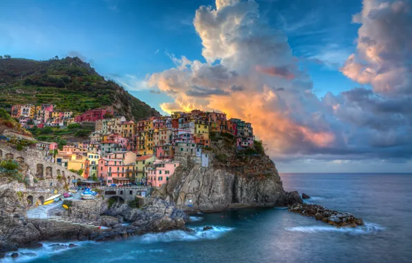 Sea, clouds, landscape, rocks, coast, building, Italy, Italy