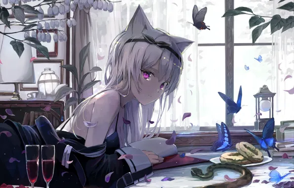 Flowers, Girl, Room, Ears, mikisai