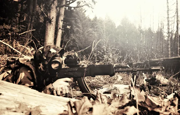 Picture forest, trees, nature, weapons, machine, gas mask, male, camouflage