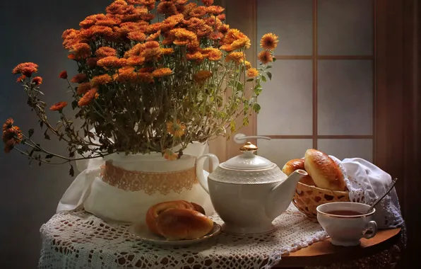 Flowers, table, background, tea, the door, spoon, Cup, still life