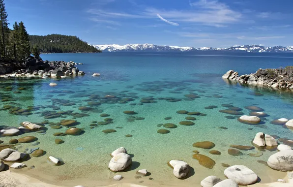 Picture the sky, clouds, snow, trees, mountains, stones, lake Tahoe