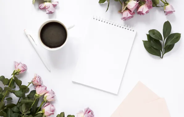 Flowers, coffee, roses, handle, Notepad, decor, bouquets