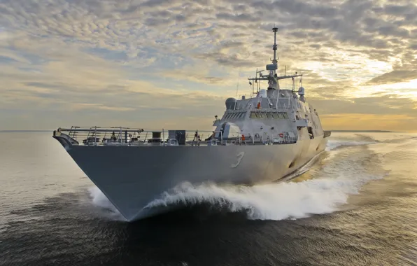 Sunset, Sea, Ship, USA, US Navy, Ft. Worth (LCS 3)