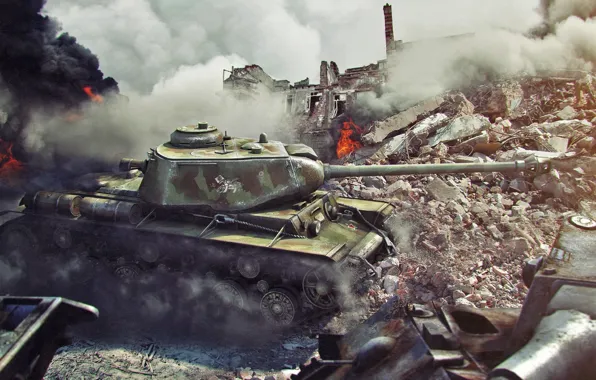 Picture the city, fire, war, tank, ruins, tanks, world of tanks, brew