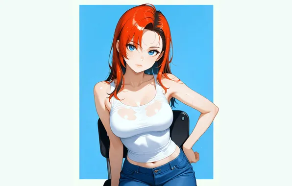 Girl, hot, sexy, wet, red hair, anime, pretty, jeans