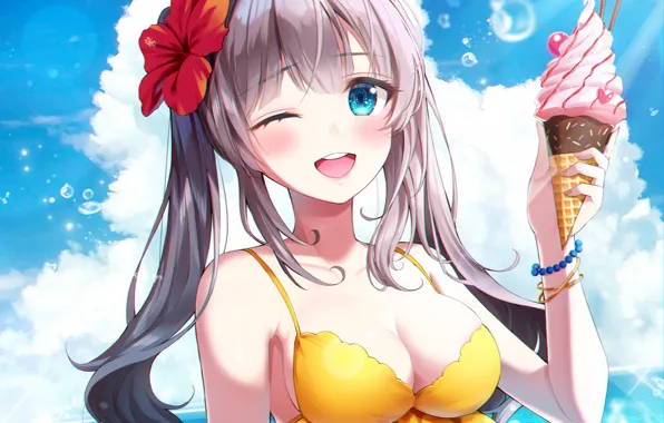 Girl, sexy, cleavage, long hair, sea, brown hair, boobs, anime