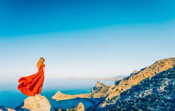SEA, MOUNTAINS, DRESS, ROCKS, RED, by Oleg Gekman