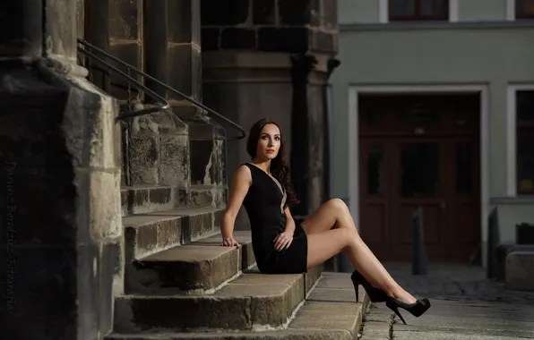 Girl, pose, building, dress, brunette, ladder, shoes, stage