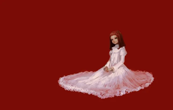 Girl, red, sitting, white dress, red background