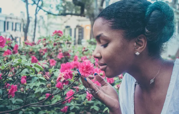 Girl, flowers, mood, black woman