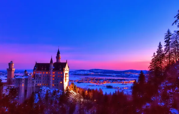 The sky, trees, mountains, castle, Germany, Bayern, Neuschwanstein