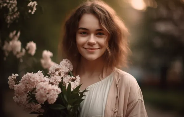 Look, girl, flowers, nature, face, smile, portrait, bouquet