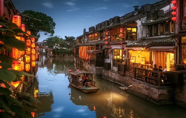 The city, boat, home, the evening, lighting, China, channel, lanterns