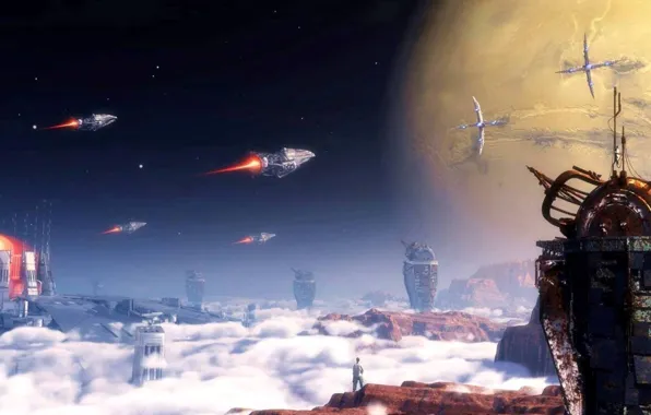 Space, sky, spaceship, planet, towers, marooned