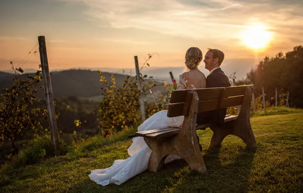 The sun, bench, photo, pair, lovers, the bride, the groom, Miki Macovei Come With