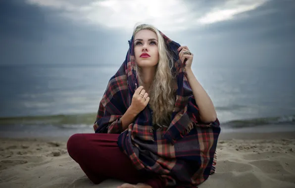 Picture sand, look, girl, shore, blonde, plaid, pants, Oleg Voloshin