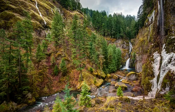 The sky, clouds, trees, mountains, river, waterfall, Oregon, Columbia River