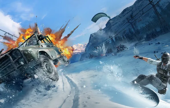 Winter, machine, the explosion, fire, helmet, guy, PlayerUnknown's Battlegrounds