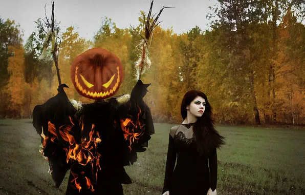 Autumn, forest, girl, fire, holiday, pumpkin, Halloween, Halloween