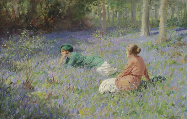 Picture British painter, English painter, The bluebell wood, Rowland Wheelwright, Rowland Of Flrit, Glade of bluebells