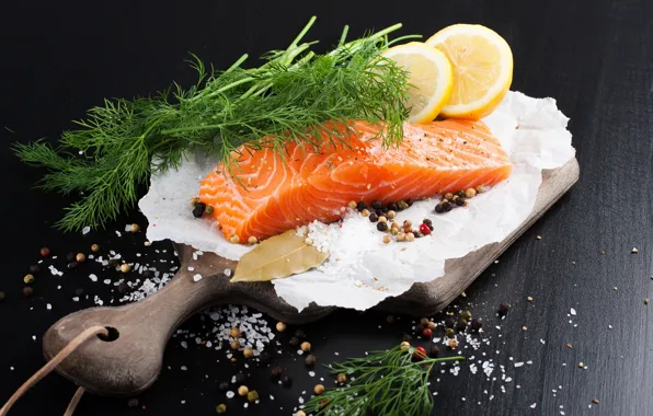Lemon, fish, Board, spices