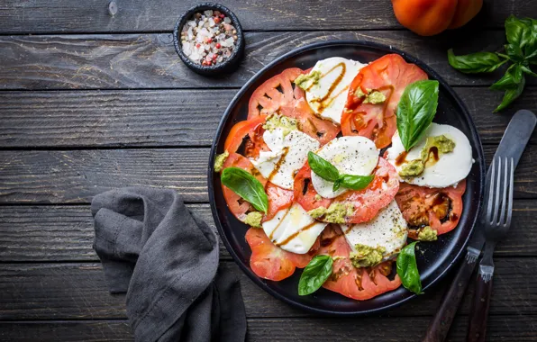 Tomatoes, sauce, salad, spices, Basil, Caprese, mozzarella