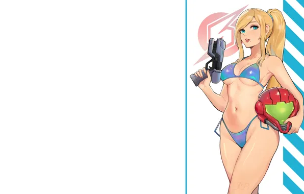 Cleavage, blue eyes, ponytail, big boobs, belly, girls with guns, Samus Aran, thighs