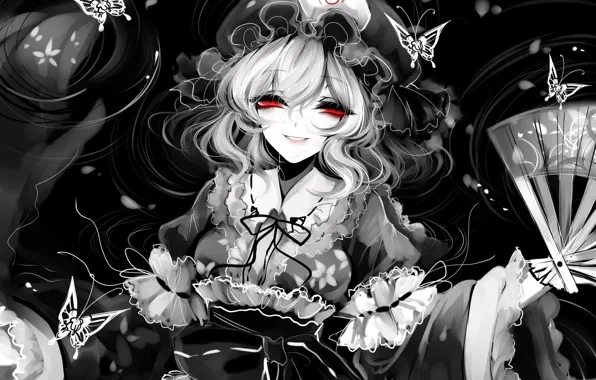 Girl, butterfly, fan, ruffles, Touhou, Yuyuko Saigyouji, Touhou, Touhou