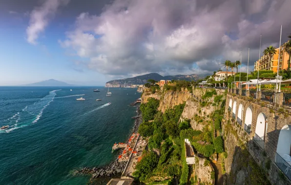 Sea, mountains, clouds, palm trees, rocks, coast, home, yacht